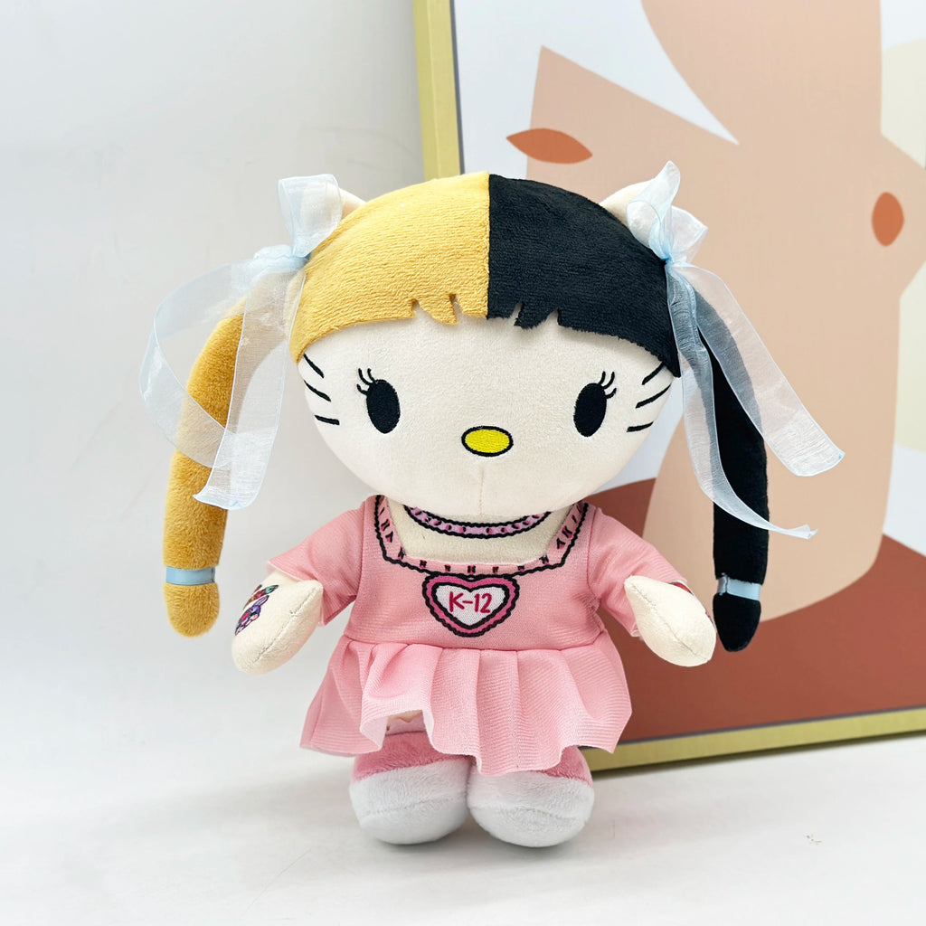 Hello Kitty Melanie Martinez Yellow Black Hair Plush Doll with Pink Dress Plushies Stuffed Toys Boys Girls Fans Collect Gifts