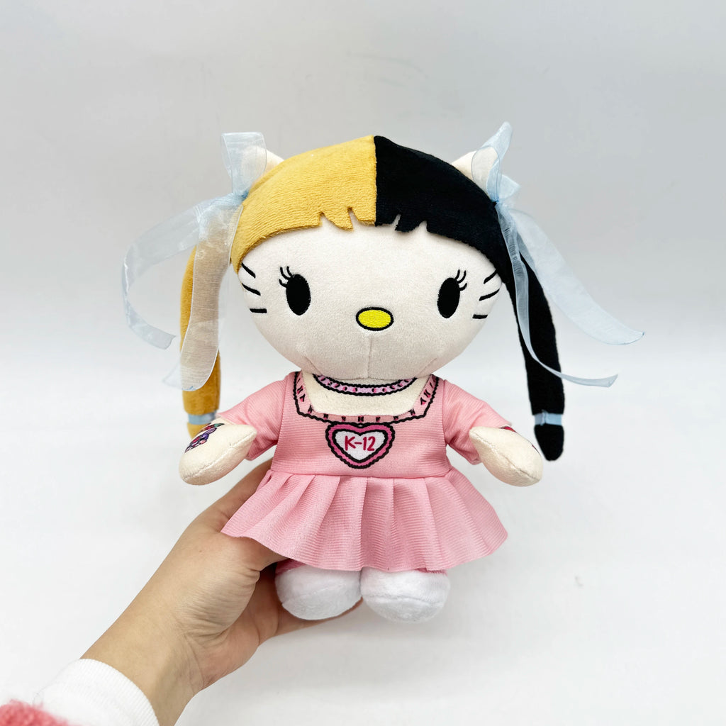 Hello Kitty Melanie Martinez Yellow Black Hair Plush Doll with Pink Dress Plushies Stuffed Toys Boys Girls Fans Collect Gifts