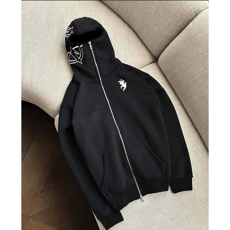 جاكيت رجالي روك قوطي، سترة بغطاء رأس مطرزة برسومات، ملابس Y2K، هاراجوكو، هيب هوب، ريترو، بسحاب، سترة واسعة