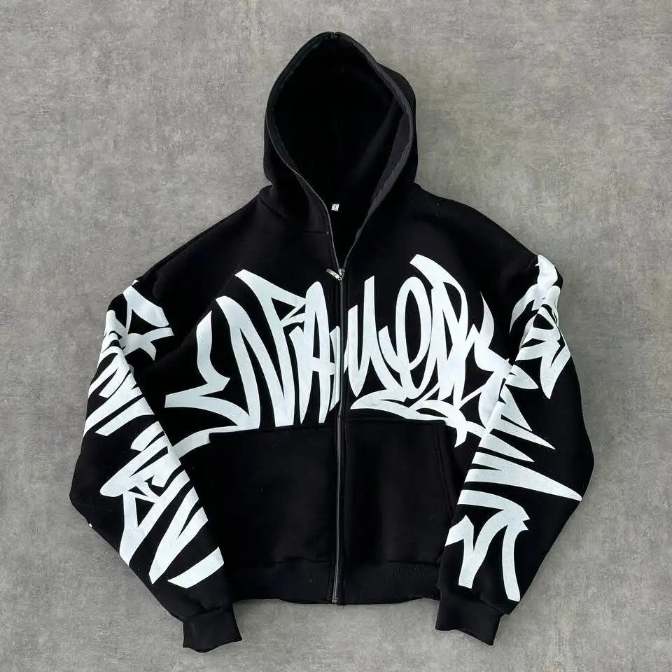 هودي عصري مطبوع عليه حروف جرافيتي وسحاب، بتصميم ريترو Y2K، رجالي، قوطي، هيب هوب، بانك، كاجوال، واسع، سويت شيرت هاراجوكو